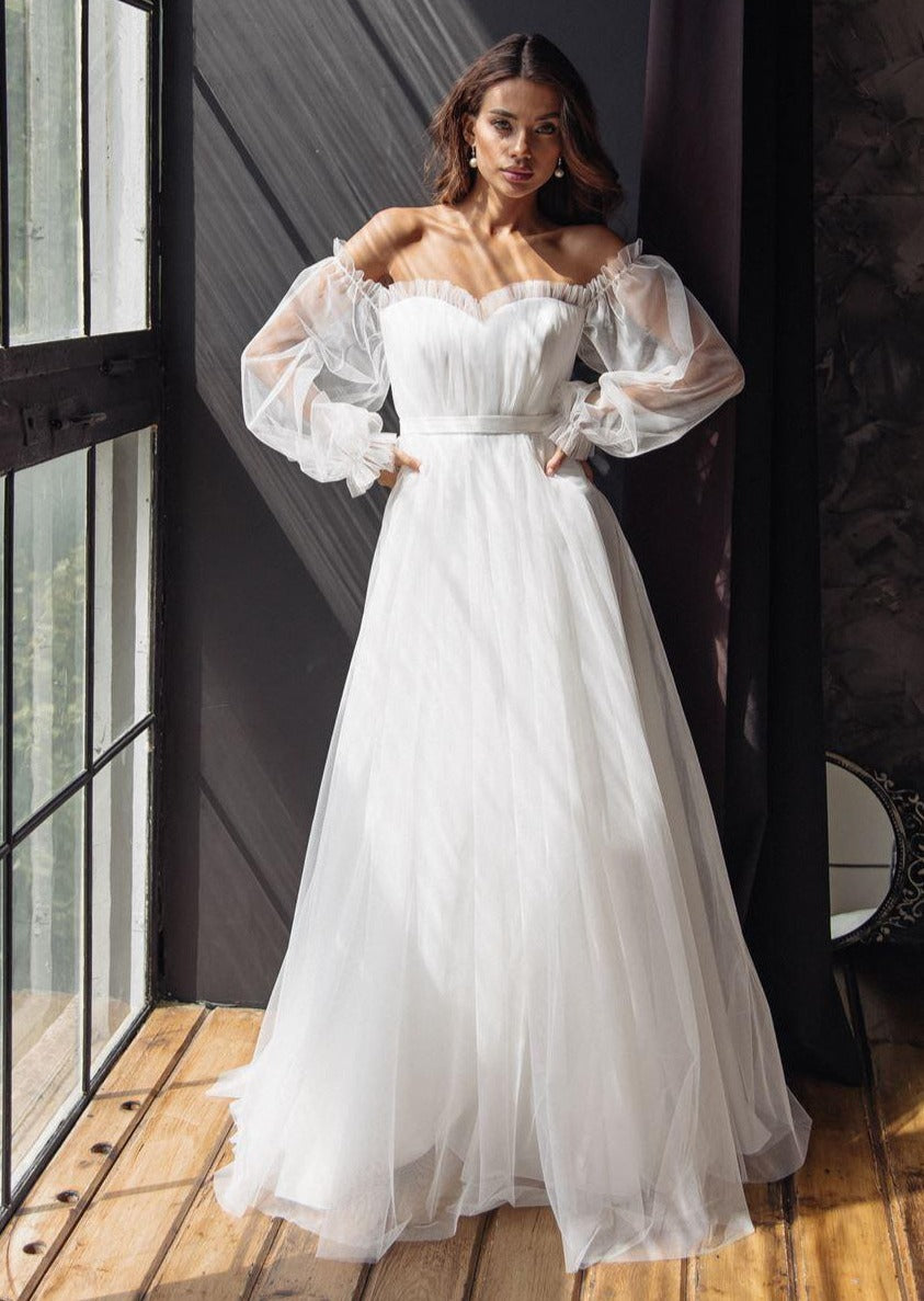 wedding dress with puffed sleeves